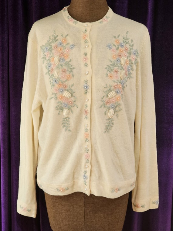 1950s White Angora Beaded Cardigan Sweater with Fa