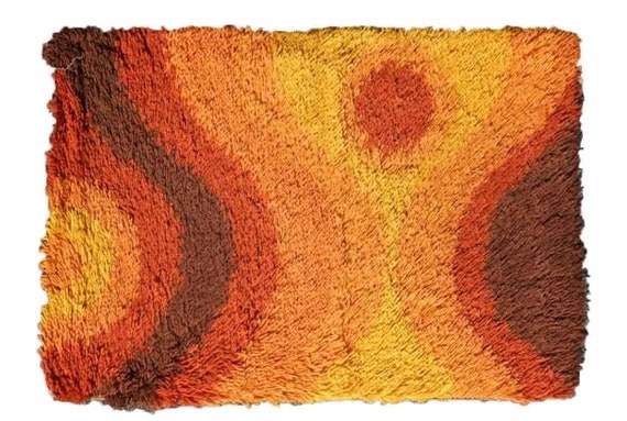 Mid Century Modern Era Shag Rya Rug , Orange, Rust, Yellow and 