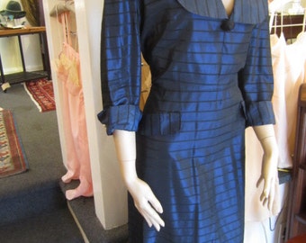 Larger Size Vintage Royal Blue Taffeta Dress with Black Stripes, ca 1940s