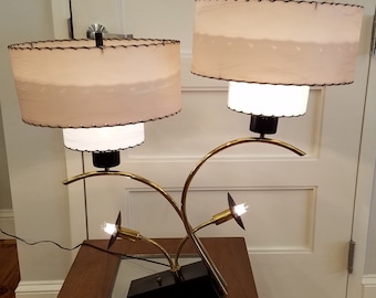 Mid Century Modern Era, 4 Arm Table Light with  Pale Pink and Pale Blue Shades, Majestic, ca late 1940s