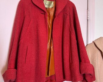 1950s Vintage Coral Wool Boucle Swing Jacket, Smartwear, Irving Saks