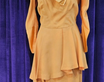 Vintage Vibrant Butterscotch Crepe and Satin Dinner Dress with Peplum, Hand Tailored, ca 1930s, 1940s