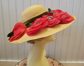Vintage Natural Straw Picture Hat with Green Velvet and Red Poppy Millinery Flowers Detail Arnold Gottlieb, ca 1960s