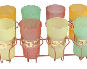 Vintage 1960s Mid Century Modern Set of 8 Gold Rimmed Multi Color Drinking Glasses in Caddy / Rack