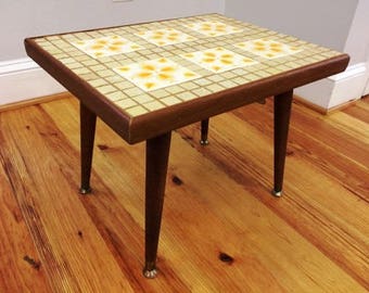 Mid Century Modern Era Ceramic Mosaic Tile Topped Solid Teak Wood Side Table, Small Cofffee Table, ca 1950s