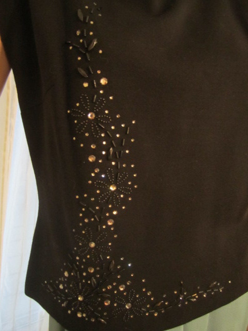 Black Wool Knit, Zipper Back Top With Beading and Rhinestone Detail ...
