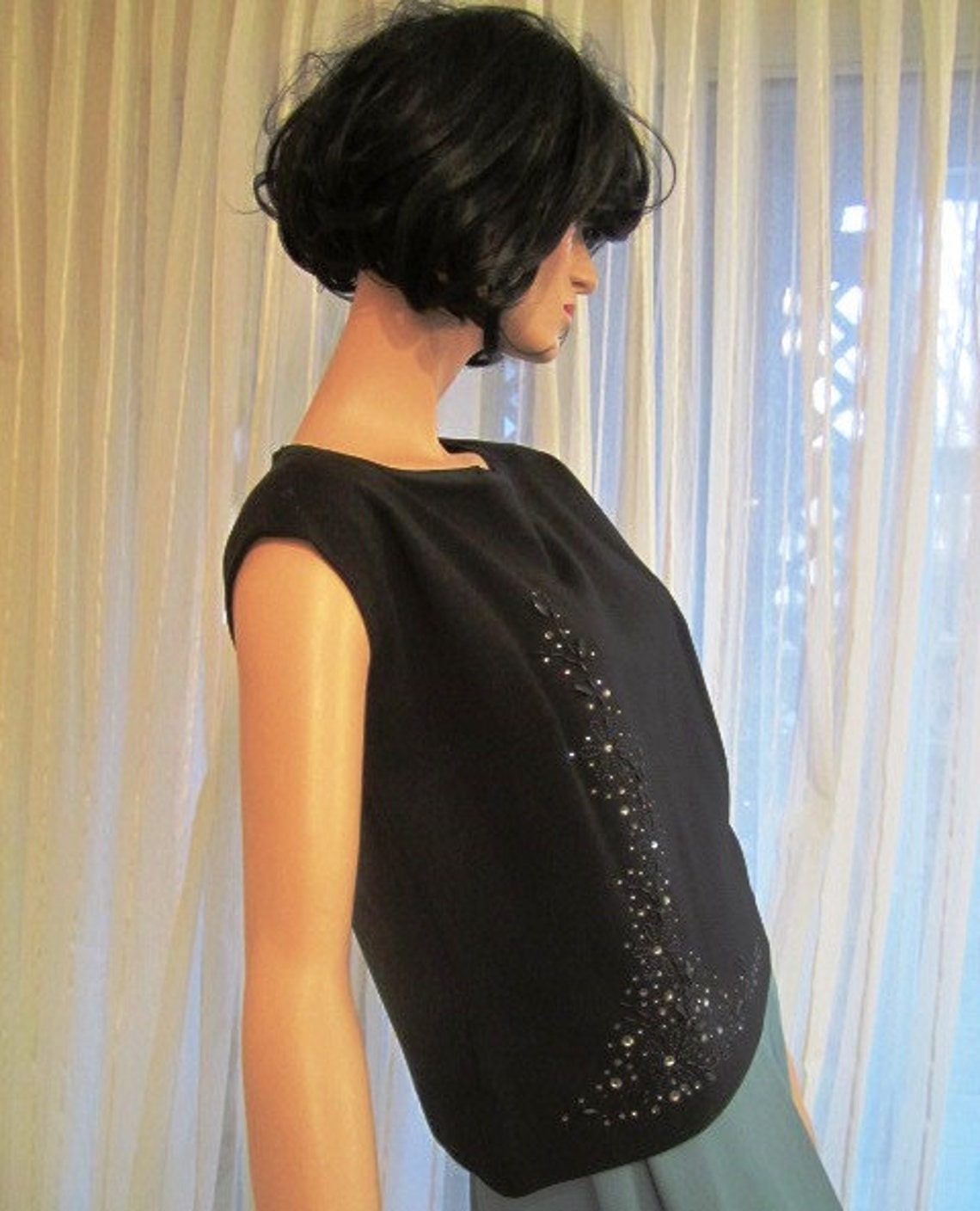 Black Wool Knit, Zipper Back Top With Beading and Rhinestone Detail ...