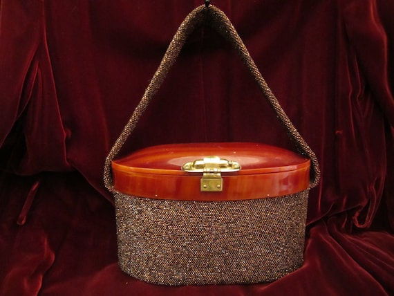 Bronze Hand Beaded Purse with Tortoise Lucite Top,
