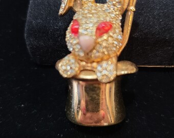 Vintage Brooch,  Magician's Rabbit Coming out of a Hat, Clear and Ruby Crystals, Pink Stone, ca 1970s