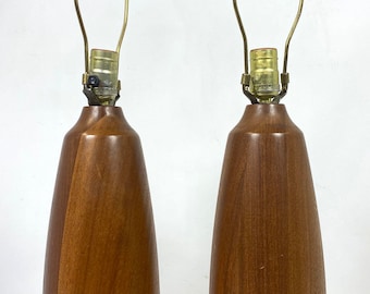 Pair of Mid Century Era Heavy Solid Teak Table Lamps, ca 1960s