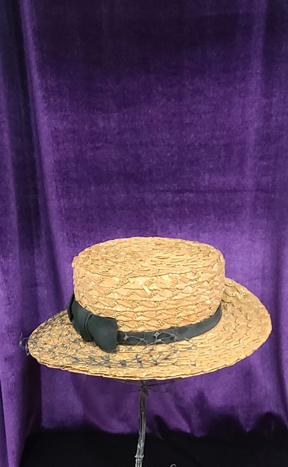 Vintage Natural Straw Hat with Grosgrain Band and… - image 3