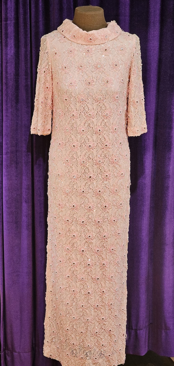 1950s - 1960s Pink Lace Beaded Sheath Gown with Pi