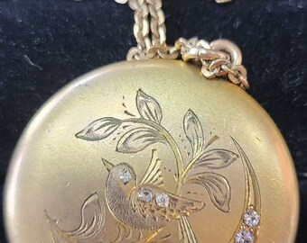 Vintage Round Gold Filled Locket with Etched Bird, Moon with Paste Stones, ca 1940s