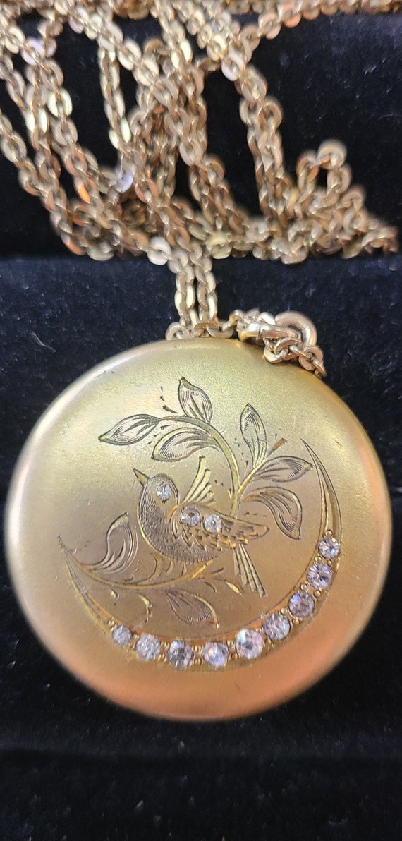 Vintage Round Gold Filled Locket with Etched Bird… - image 1