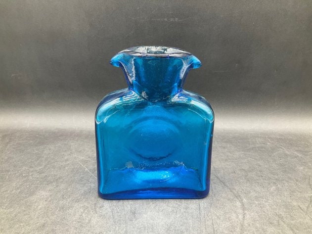 1940s Vintage Heavy Hand Blown Glass Azure Blue Double Spout