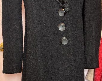 1930s Vintage Black Wool Coat with Black Karakul Collar and Front Detail, Whitner's, Reading, Penna