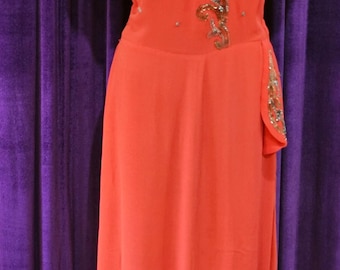 1940s Vintage Coral Red Crepe Dress with Elaborate Sequin Detail, Charlene Frocks