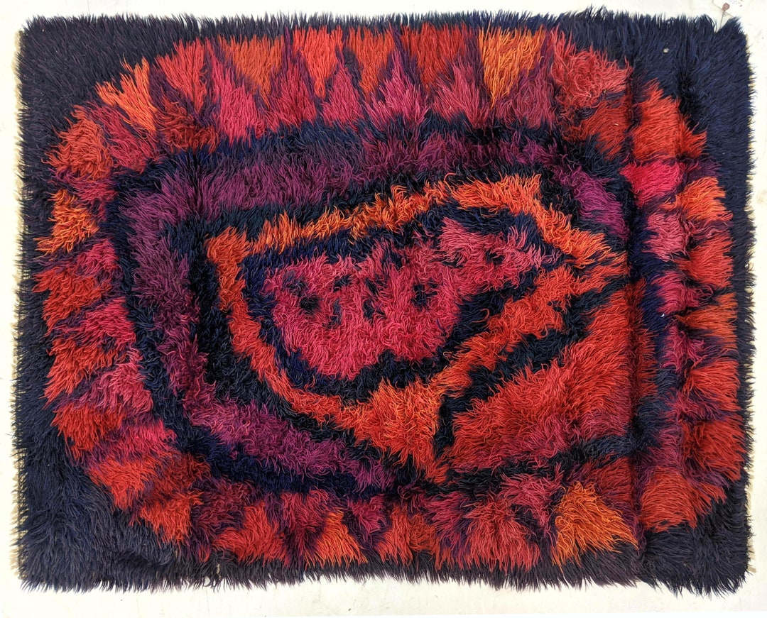 Vintage Mid Century Modern Colorful Shag Hook Rug in Navy Blue, Purple ...