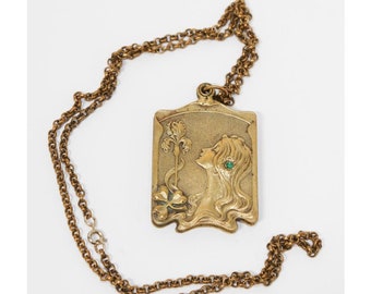 Art Nouveau Era Mucha-esque 2-Part Mirrored Pendant on Long Chain, ca 1900