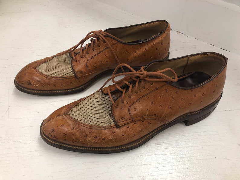 Vintage Pair of Tan Ostrich Leather and Beige Mesh Men's Shoes, Packard ...