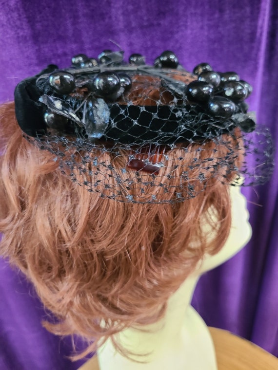 Black Velvet Netted Headpiece with Black Berries,… - image 5