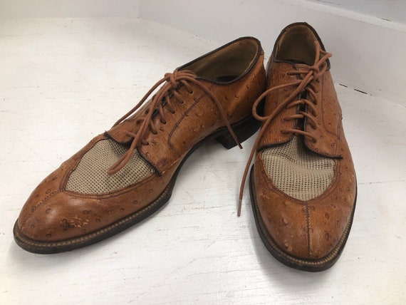 Vintage Pair of Tan Ostrich Leather and Beige Mesh