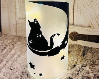 Black Cat on Moon Frosted Light Up Glass Bottle