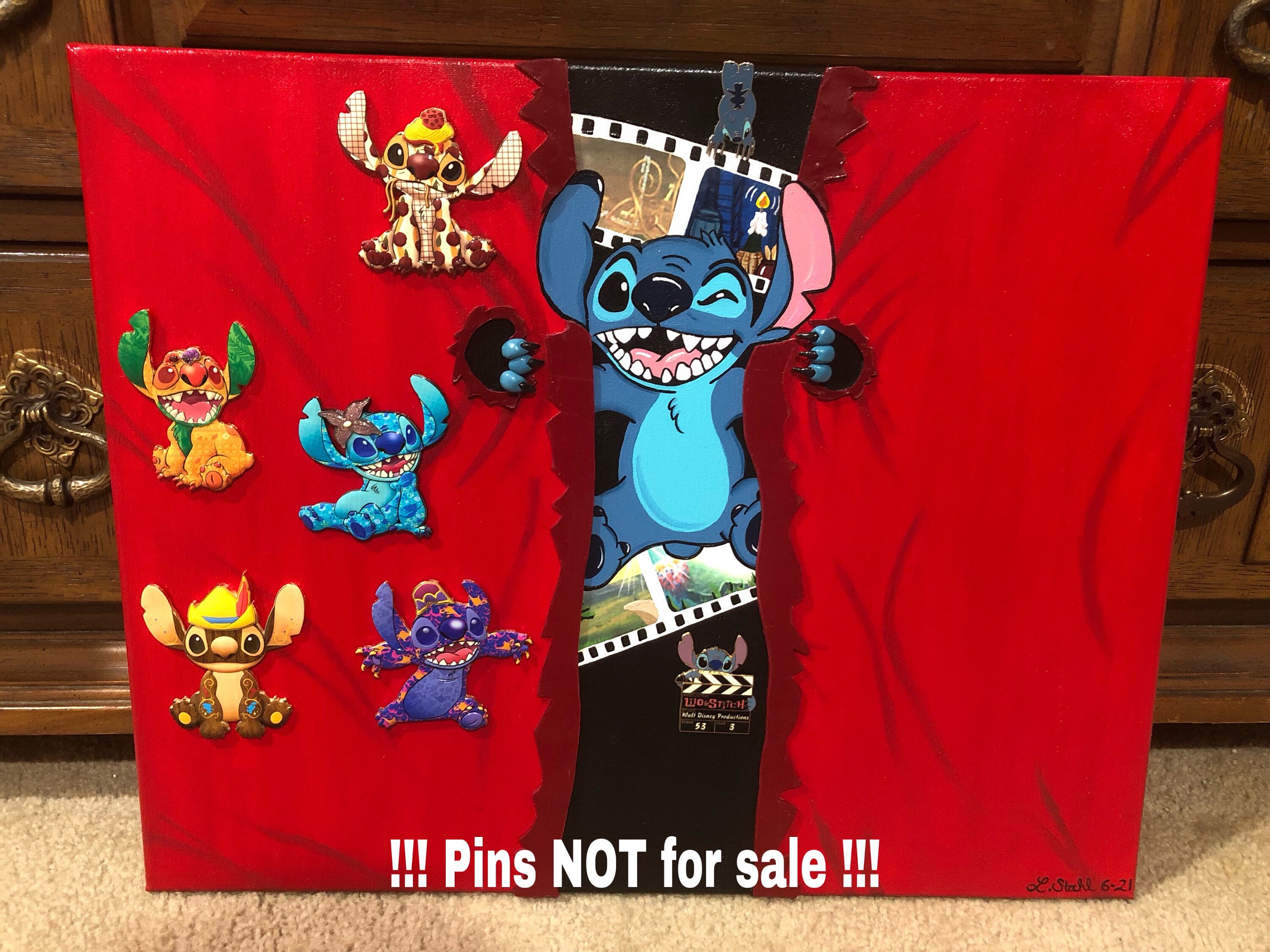 Stitch Crashes Disney Inspired 16x20 Canvas Painting Pin Display