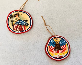 4th of July Independence Day Double Sided Wood Bark Ornaments