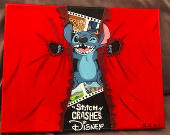 Stitch Crashes Disney Inspired 11x14 Canvas Painting Pin Display Board