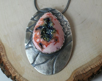 Titanium Coated Crystal Matrix Salmon Pink Druzy Gemstone sterling silver textured pendant necklace
