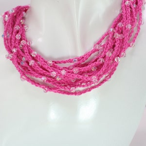 Crochet statement necklace with pink and clear AB crystals