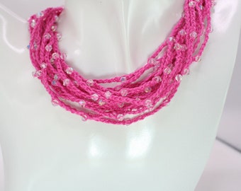 Crochet statement necklace with pink and clear AB crystals
