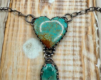 Two stone turquoise heart pendant statement necklace