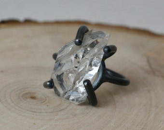 Herkimer diamond quarts raw crystal sterling silver prong ring size 5.5