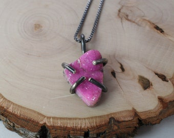 Pink Druzy Necklace, Oxidized Sterling Silver, Organic Shape, 24 Inch Chain