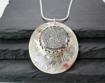 Titanium Druzy Sterling Silver Pendant Necklace, Melted Silver on Copper
