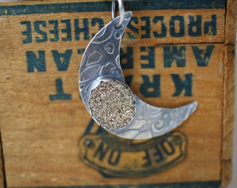 Gold druzy set in sterling silver textured moon pendant