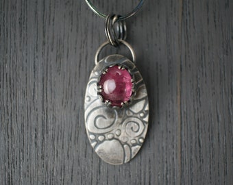 Pink Watermelon tourmaline on textured sterling silver pendant necklace, October Birth Stone necklace
