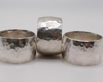 Wide band low dome sterling silver hammered ring