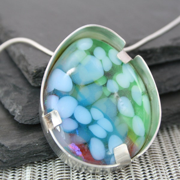 Large dichroic glass sterling silver tab setting pendant necklace in blue, white green, pink and yellow