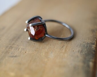 Raw garnet oxidized sterling silver prong set ring, January birthstone ring