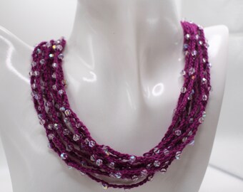 Crochet crystal beaded statement necklace