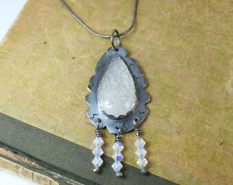 Clear white druzy and Swarovski crystal cracked looking pendant necklace
