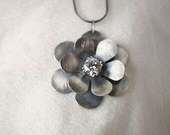 Oxidized sterling silver flower with Swarovski crystal pendant necklace