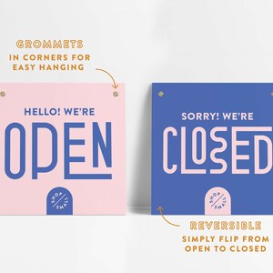 Reversible Fun Open Closed Small Business Entrance Sign with Grommets Blush & Blue