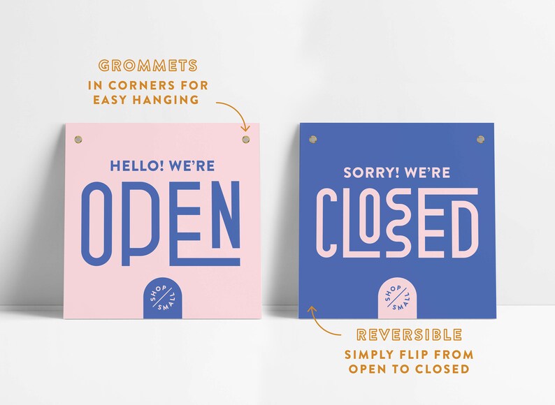 Reversible Fun Open Closed Small Business Entrance Sign with Grommets Blush & Blue