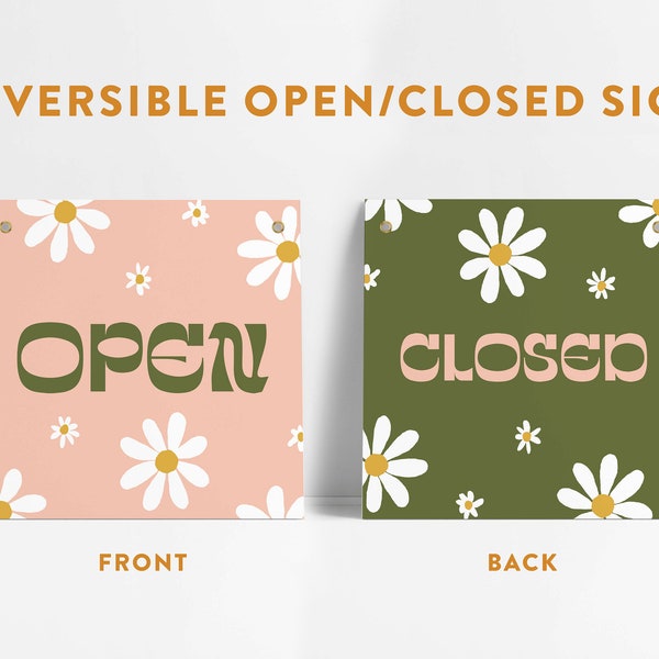 Reversible Daisy Chic Boutique Open Closed Small Business Entrance Sign with Grommets