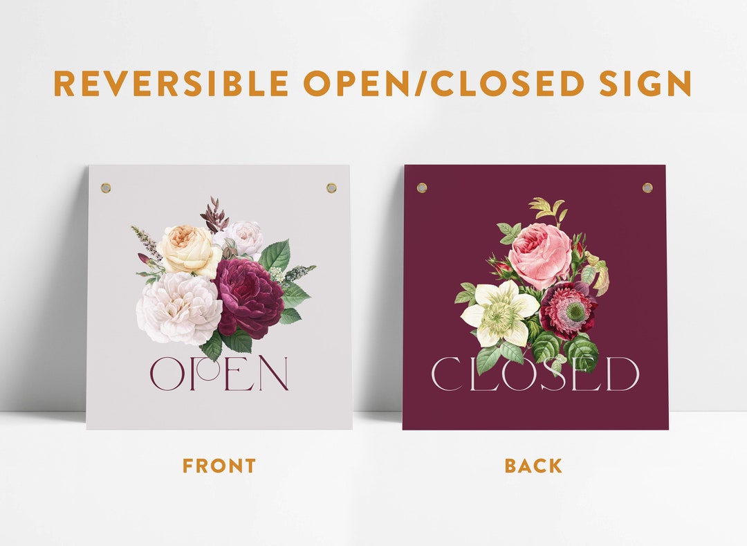 Reversible Floral Modern Open Closed Small Business Entrance Sign With ...