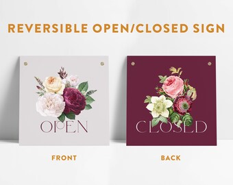 Reversible Floral Modern Open Closed Small Business Entrance Sign with Grommets